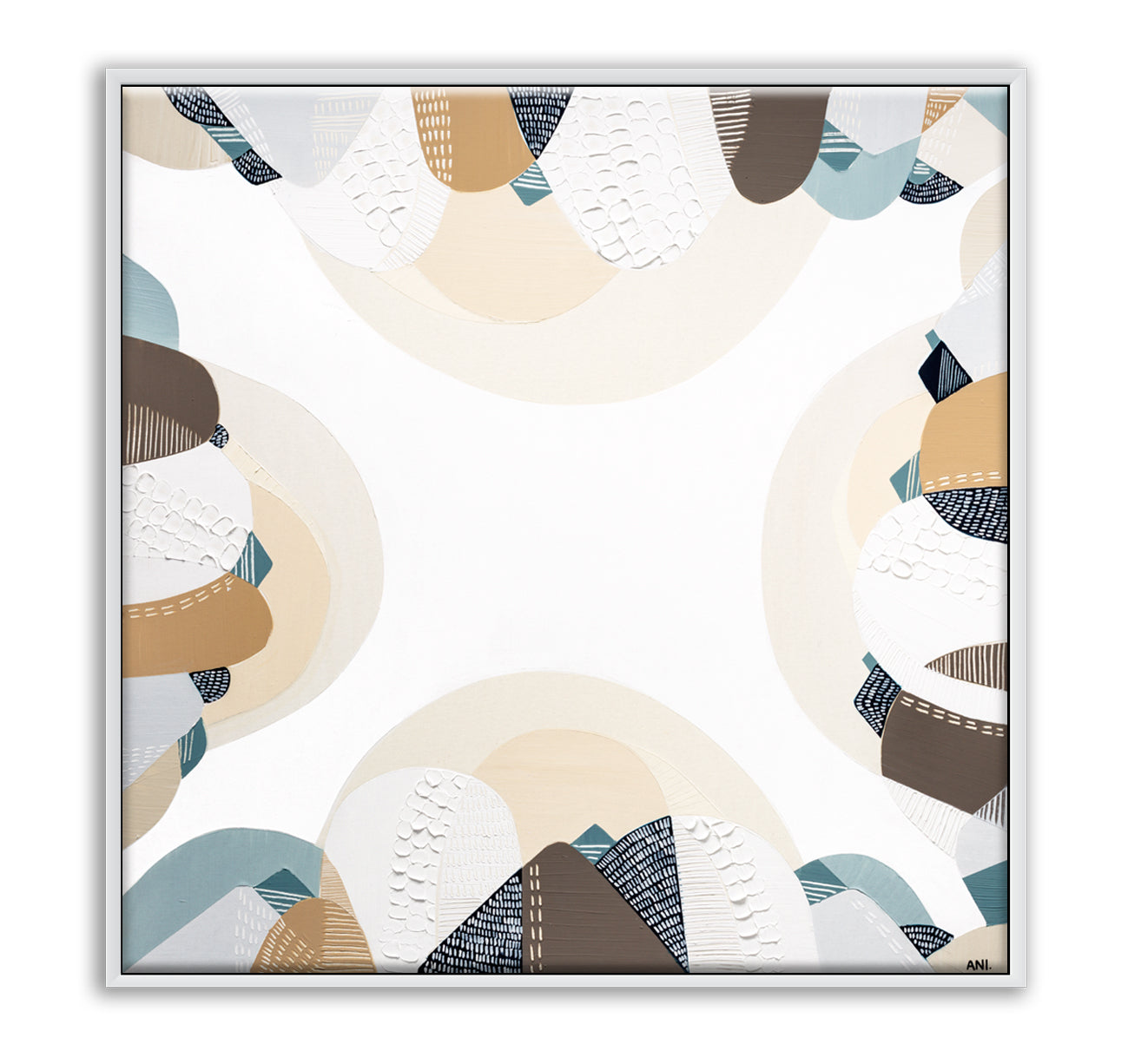 Coastal Bliss print by Melbourne artist Ani Ipradjian – Australian coastal wall art featuring sandy beach tones, ocean blues, and textured abstract design. Perfect for beach house décor, coastal interiors, art collectors, and interior designers worldwide. Free shipping Australia-wide with international delivery available.