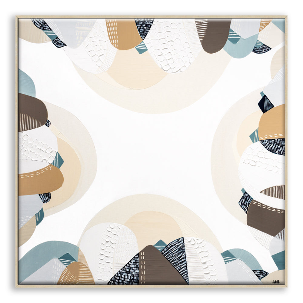 Coastal Bliss print by Melbourne artist Ani Ipradjian – Australian coastal wall art featuring sandy beach tones, ocean blues, and textured abstract design. Perfect for beach house décor, coastal interiors, art collectors, and interior designers worldwide. Free shipping Australia-wide with international delivery available.