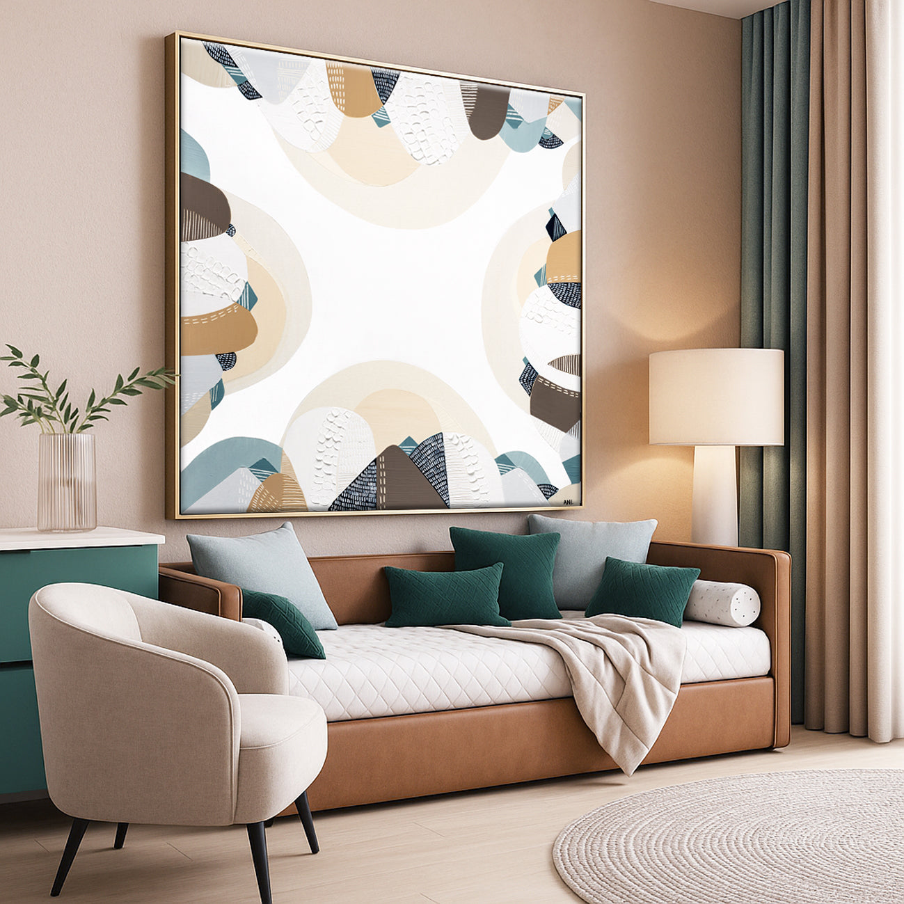 Coastal Bliss print by Melbourne artist Ani Ipradjian – Australian coastal wall art featuring sandy beach tones, ocean blues, and textured abstract design. Perfect for beach house décor, coastal interiors, art collectors, and interior designers worldwide. Free shipping Australia-wide with international delivery available.