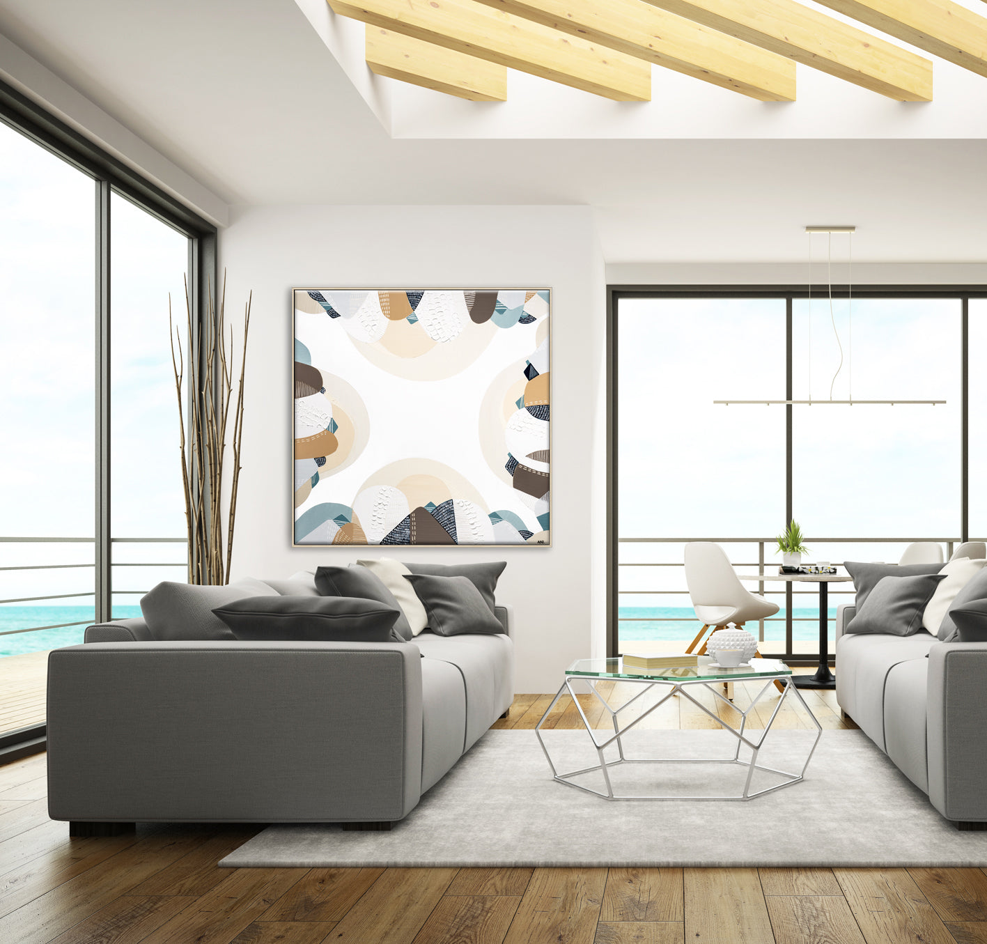 Coastal Bliss print by Melbourne artist Ani Ipradjian – Australian coastal wall art featuring sandy beach tones, ocean blues, and textured abstract design. Perfect for beach house décor, coastal interiors, art collectors, and interior designers worldwide. Free shipping Australia-wide with international delivery available.