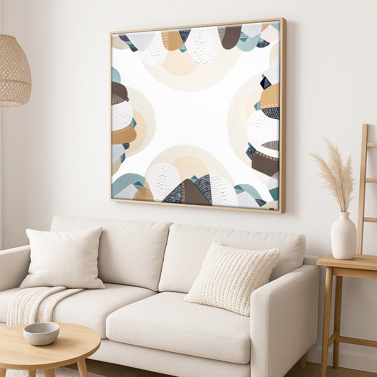 Coastal Bliss print by Melbourne artist Ani Ipradjian – Australian coastal wall art featuring sandy beach tones, ocean blues, and textured abstract design. Perfect for beach house décor, coastal interiors, art collectors, and interior designers worldwide. Free shipping Australia-wide with international delivery available.