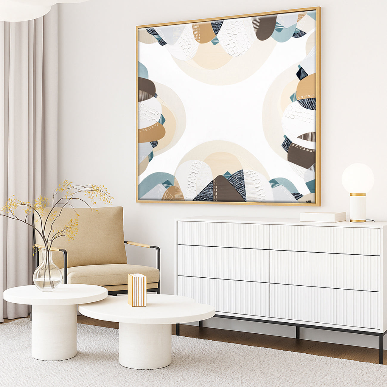 Coastal Bliss print by Melbourne artist Ani Ipradjian – Australian coastal wall art featuring sandy beach tones, ocean blues, and textured abstract design. Perfect for beach house décor, coastal interiors, art collectors, and interior designers worldwide. Free shipping Australia-wide with international delivery available.