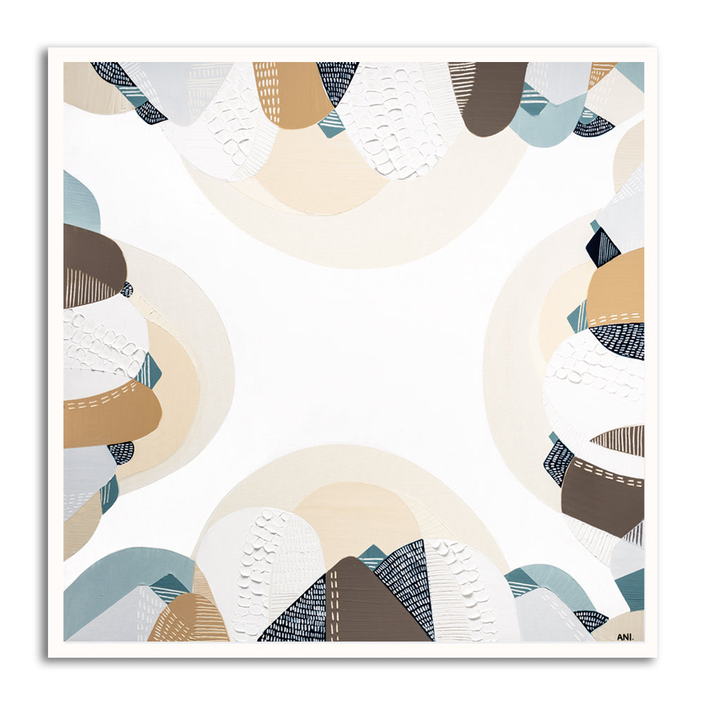 Coastal Bliss print by Melbourne artist Ani Ipradjian – Australian coastal wall art featuring sandy beach tones, ocean blues, and textured abstract design. Perfect for beach house décor, coastal interiors, art collectors, and interior designers worldwide. Free shipping Australia-wide with international delivery available.