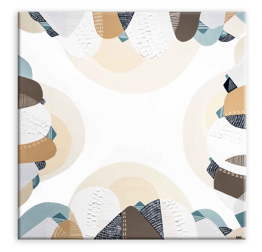 Coastal Bliss print by Melbourne artist Ani Ipradjian – Australian coastal wall art featuring sandy beach tones, ocean blues, and textured abstract design. Perfect for beach house décor, coastal interiors, art collectors, and interior designers worldwide. Free shipping Australia-wide with international delivery available.