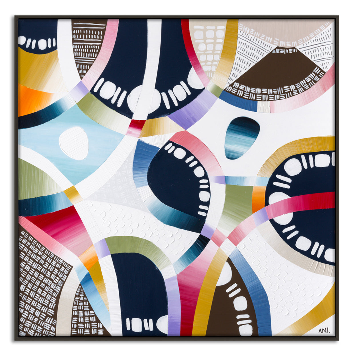 Coloured Sands print by Ani Ipradjian – abstract coastal wall art inspired by Rainbow Beach, Queensland. Features layered textures and earthy tones including ochre, blush pink, and grey. Ideal for modern interiors and Australian art collectors.