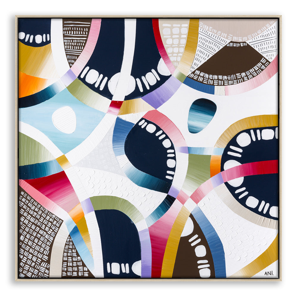 Coloured Sands print by Ani Ipradjian – abstract coastal wall art inspired by Rainbow Beach, Queensland. Features layered textures and earthy tones including ochre, blush pink, and grey. Ideal for modern interiors and Australian art collectors.