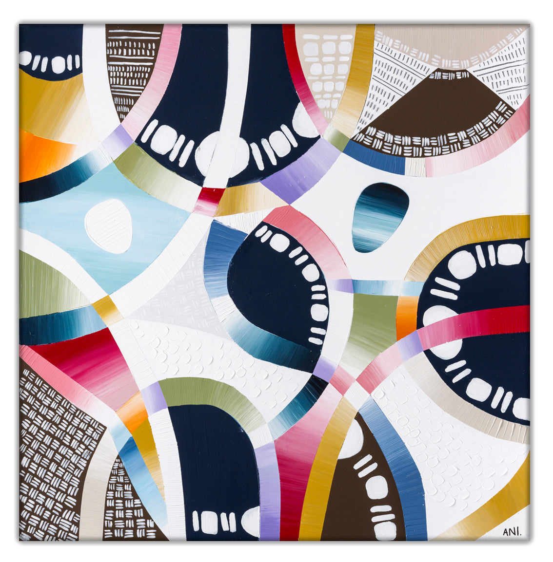 Coloured Sands print by Ani Ipradjian – abstract coastal wall art inspired by Rainbow Beach, Queensland. Features layered textures and earthy tones including ochre, blush pink, and grey. Ideal for modern interiors and Australian art collectors.