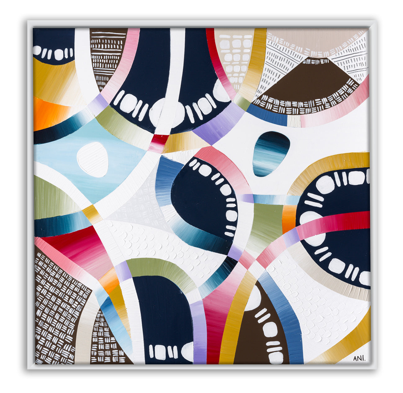 Coloured Sands print by Ani Ipradjian – abstract coastal wall art inspired by Rainbow Beach, Queensland. Features layered textures and earthy tones including ochre, blush pink, and grey. Ideal for modern interiors and Australian art collectors.