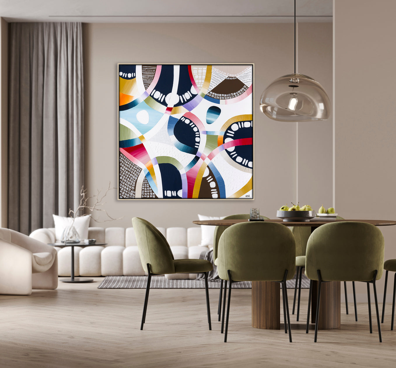 "Coloured Sands" – Original abstract landscape painting by Australian artist Ani Ipradjian, inspired by the layered earth tones and natural beauty of Rainbow Beach in Queensland, featuring textured ochres, blush pinks, and sandy neutrals.