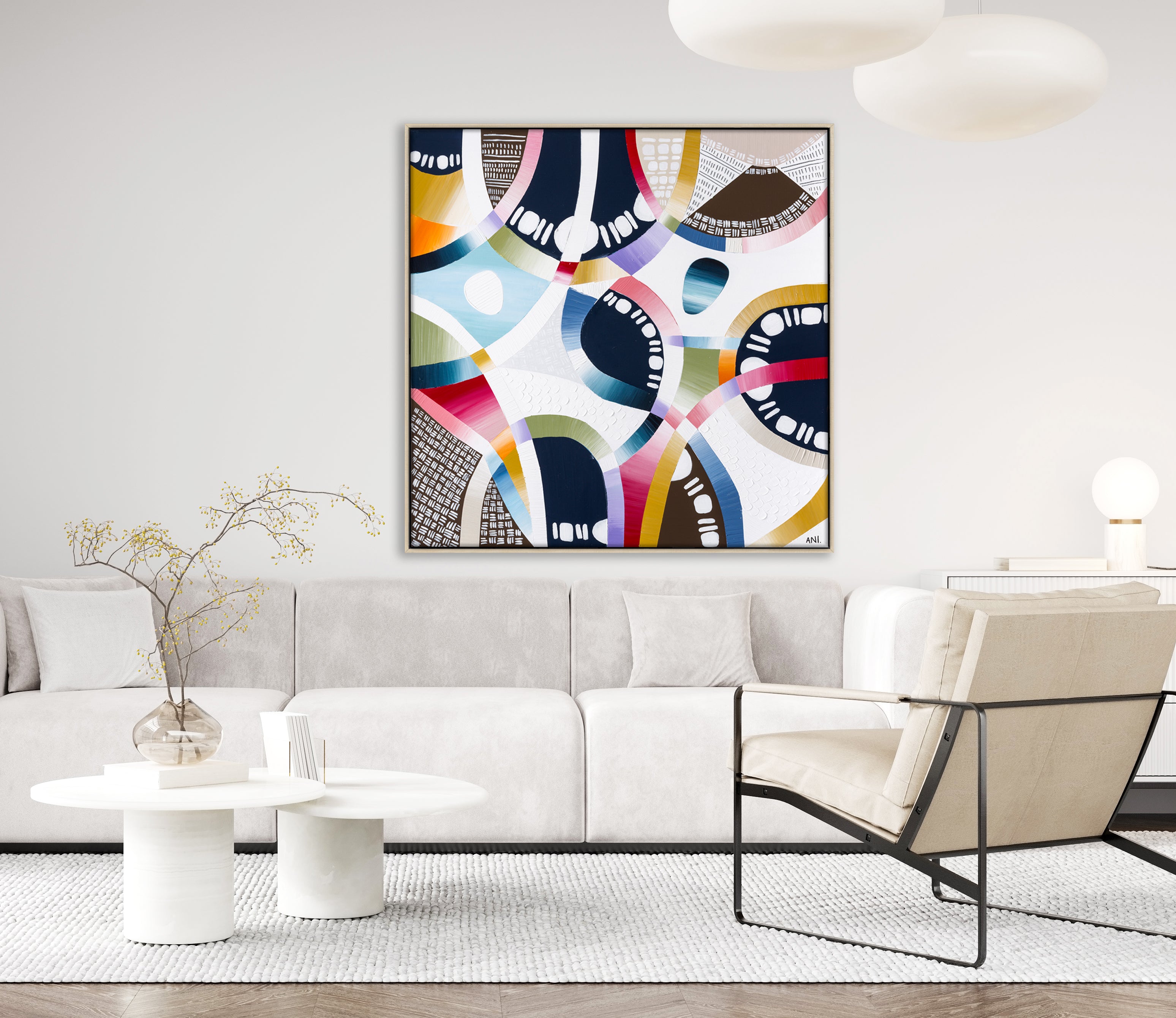 "Coloured Sands" – Original abstract landscape painting by Australian artist Ani Ipradjian, inspired by the layered earth tones and natural beauty of Rainbow Beach in Queensland, featuring textured ochres, blush pinks, and sandy neutrals.