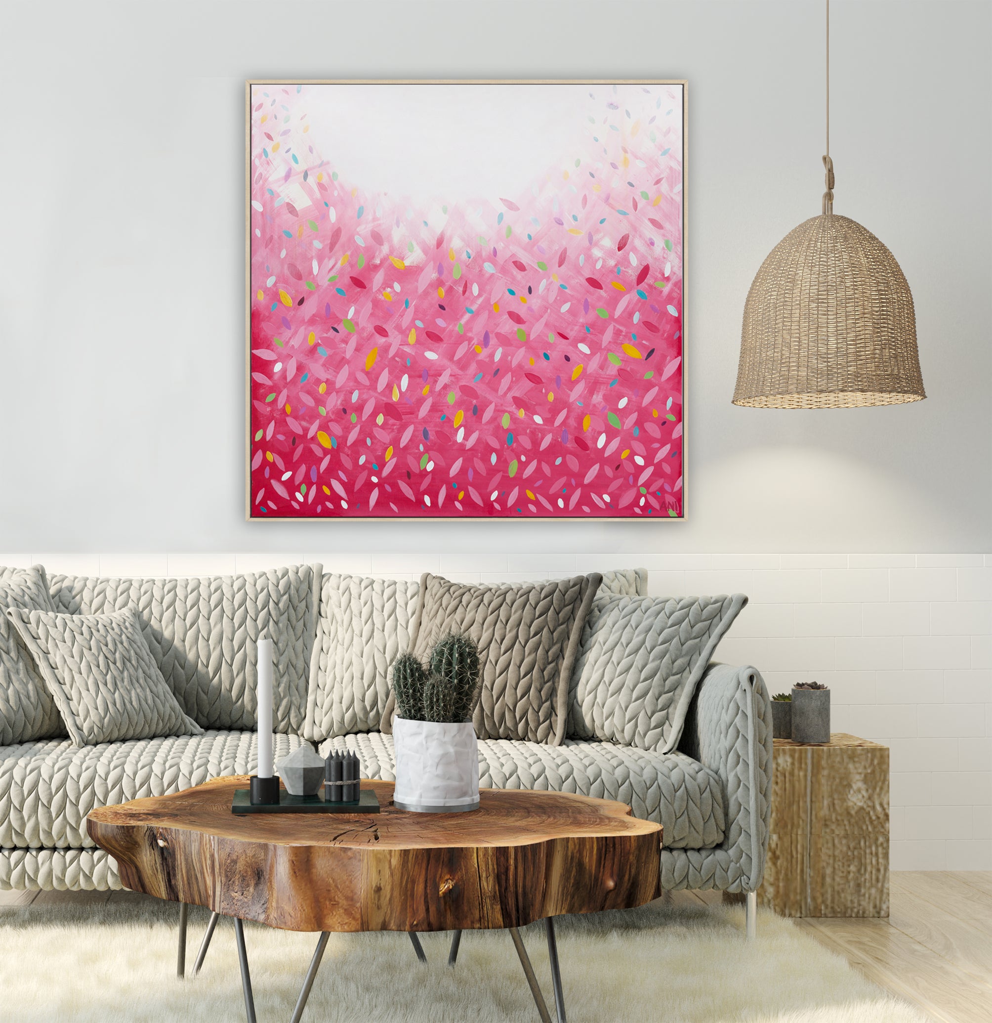 Bonds Confetti Leaves” print by Australian artist Ani Ipradjian – abstract artwork inspired by the BONDS Confetti Wonder design, featuring bold colours and vibrant texture, perfect for modern Australian interiors.