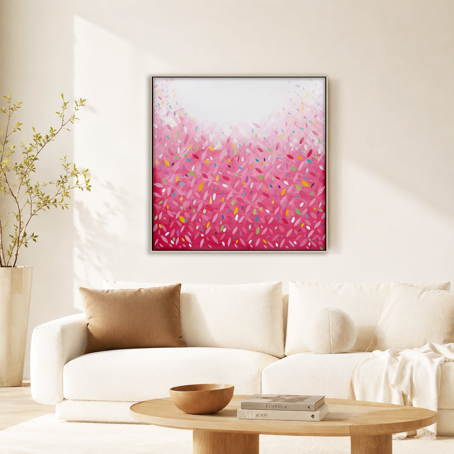 "Bonds Confetti Leaves" – Original abstract painting by Australian artist Ani Ipradjian, inspired by the BONDS Confetti Wonder jumpsuit, featuring vibrant colours and layered textures in a playful, contemporary style.