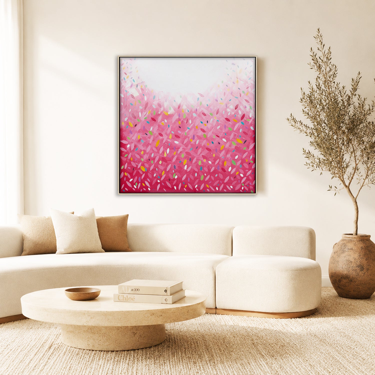 "Bonds Confetti Leaves" – Original abstract painting by Australian artist Ani Ipradjian, inspired by the BONDS Confetti Wonder jumpsuit, featuring vibrant colours and layered textures in a playful, contemporary style.