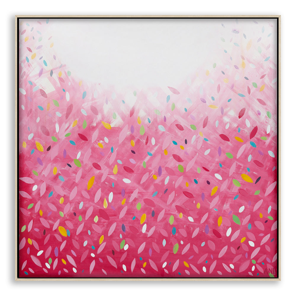 "Bonds Confetti Leaves" – Original abstract painting by Australian artist Ani Ipradjian, inspired by the BONDS Confetti Wonder jumpsuit, featuring vibrant colours and layered textures in a playful, contemporary style.