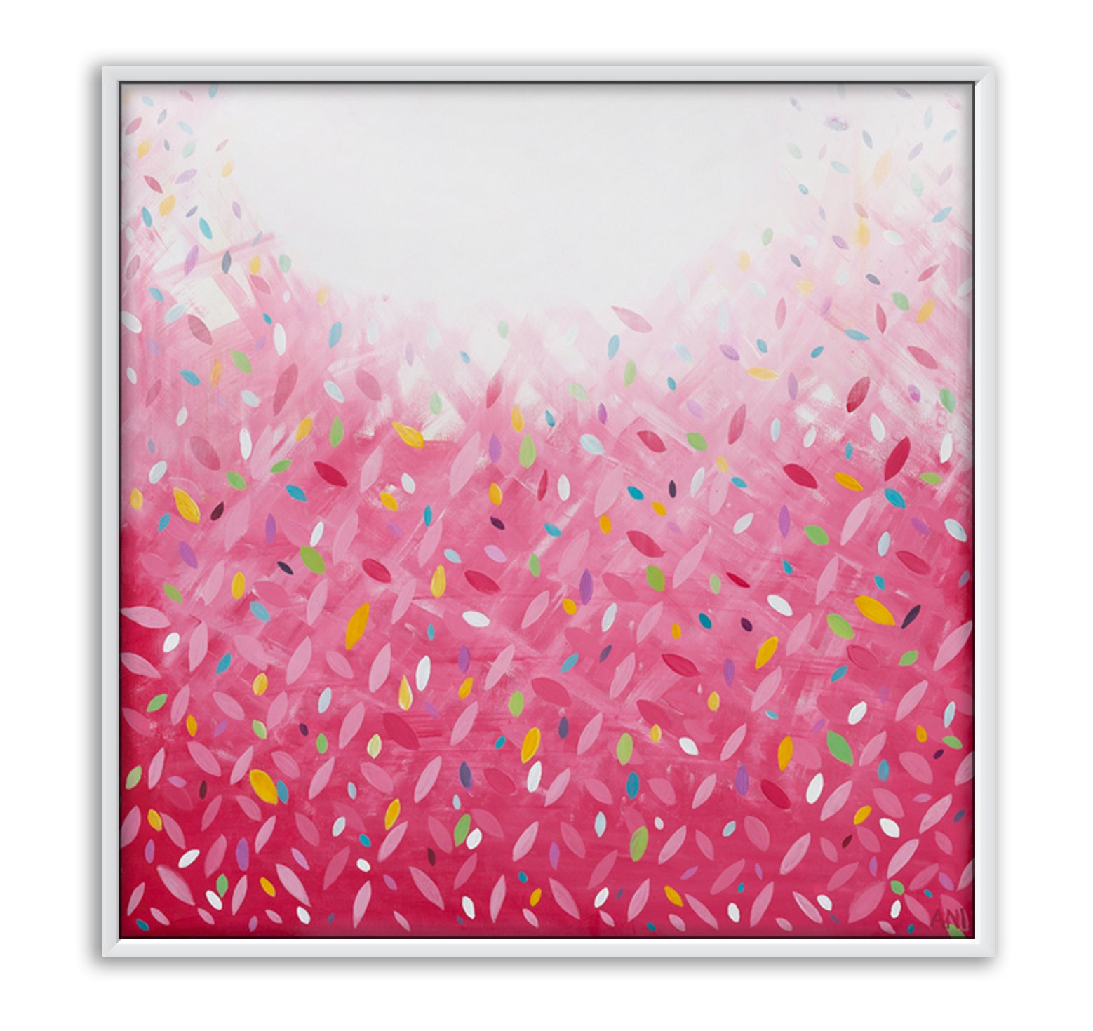 "Bonds Confetti Leaves" – Original abstract painting by Australian artist Ani Ipradjian, inspired by the BONDS Confetti Wonder jumpsuit, featuring vibrant colours and layered textures in a playful, contemporary style.