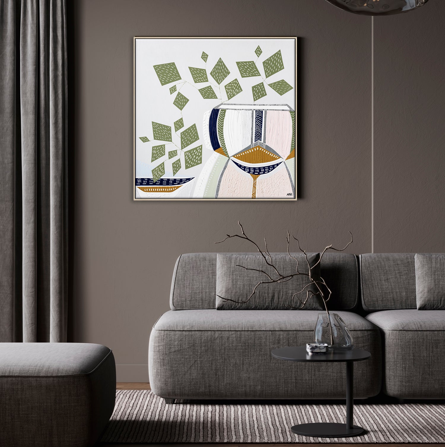"Devils Ivy 2" – Original botanical painting by Australian artist Ani Ipradjian, featuring lucky money plant leaves in textured green tones, part of the Urban Melbourne series featured on The Block.