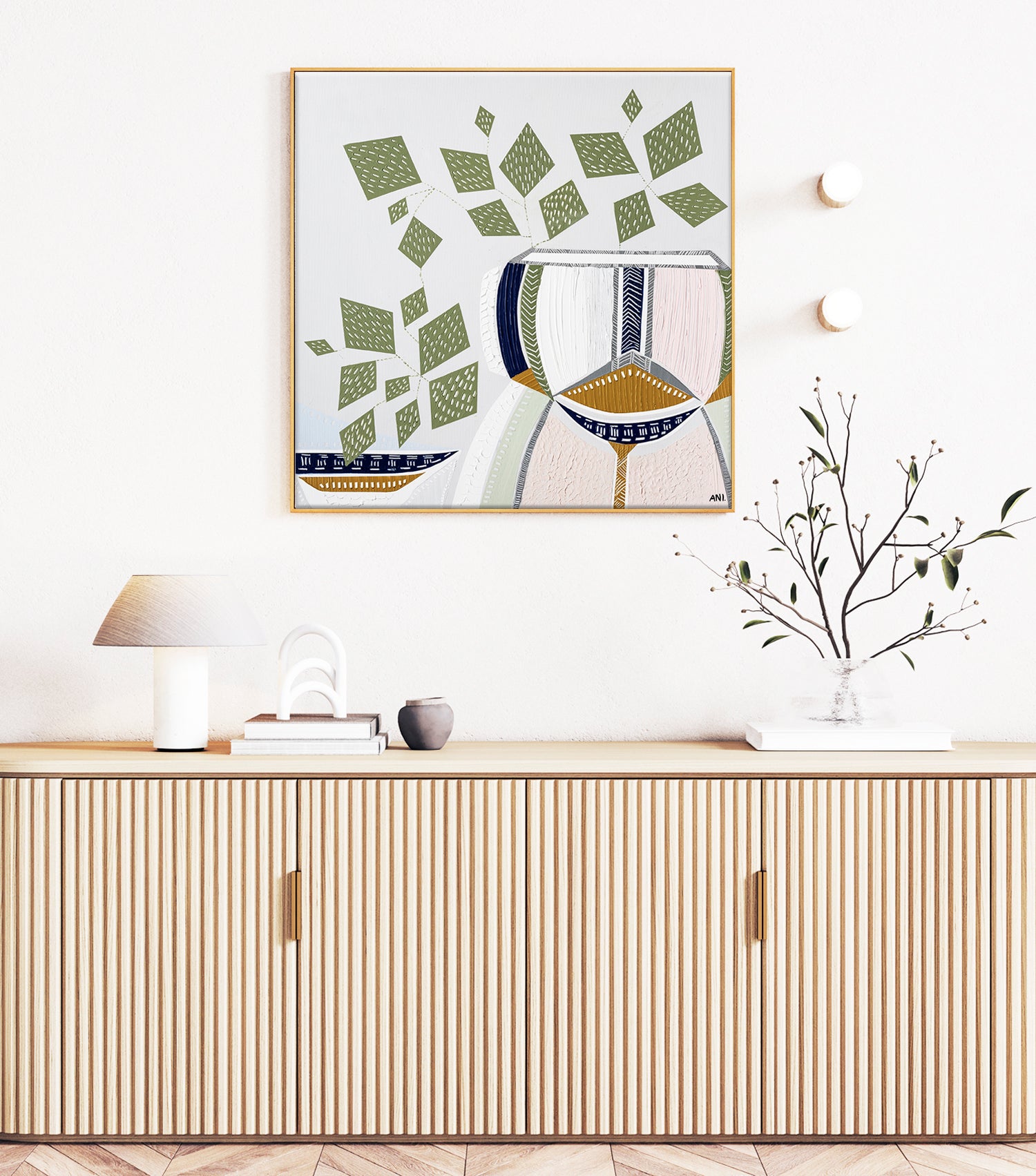 "Devils Ivy 2" – Original botanical painting by Australian artist Ani Ipradjian, featuring lucky money plant leaves in textured green tones, part of the Urban Melbourne series featured on The Block.