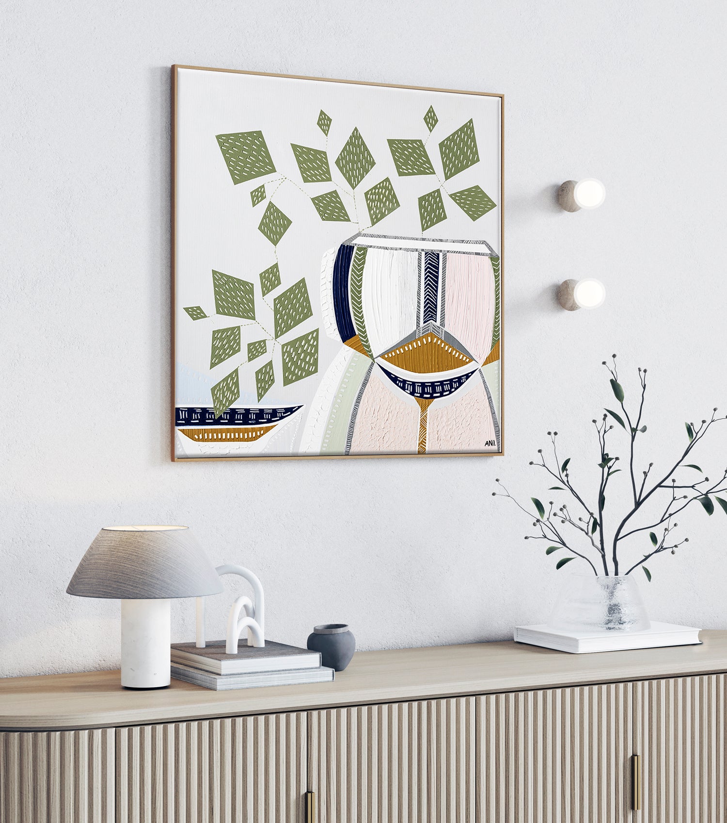 "Devils Ivy 2" – Original botanical painting by Australian artist Ani Ipradjian, featuring lucky money plant leaves in textured green tones, part of the Urban Melbourne series featured on The Block.