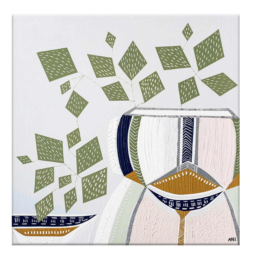 "Devils Ivy 2 botanical art print by Ani Ipradjian. Contemporary Australian plant-inspired print featuring the lucky money plant. Ideal for modern interiors and international art collectors seeking Australian botanical wall art."