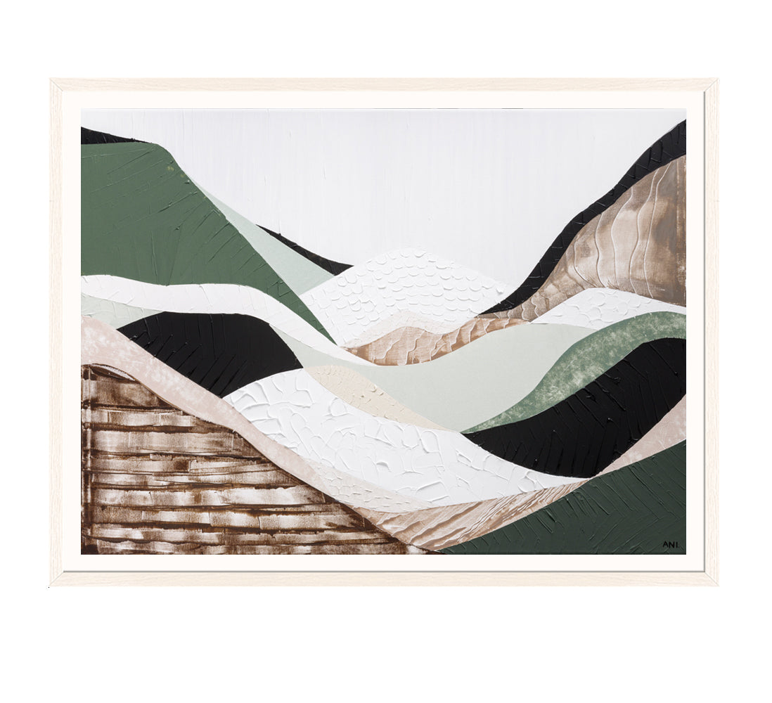Eastern Highlands  print by Melbourne artist Ani Ipradjian. Abstract Australian mountain landscape inspired by the Great Dividing Range, featuring earthy browns, sage greens, and textured details. Perfect wall art for collectors, interior designers, and nature lovers worldwide. Free shipping Australia-wide with international delivery available.