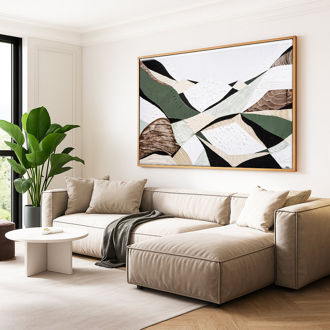 Eastern Highlands – Australian mountain landscape print by Ani Ipradjian. Abstract artwork inspired by the Great Dividing Range spanning Queensland, New South Wales, and Victoria. Featuring earthy browns, sage greens, and rich textures, this piece captures ancient bushland, diverse terrain, and spiritual beauty. Perfect wall art for collectors, interior designers, and nature lovers in Australia and worldwide.