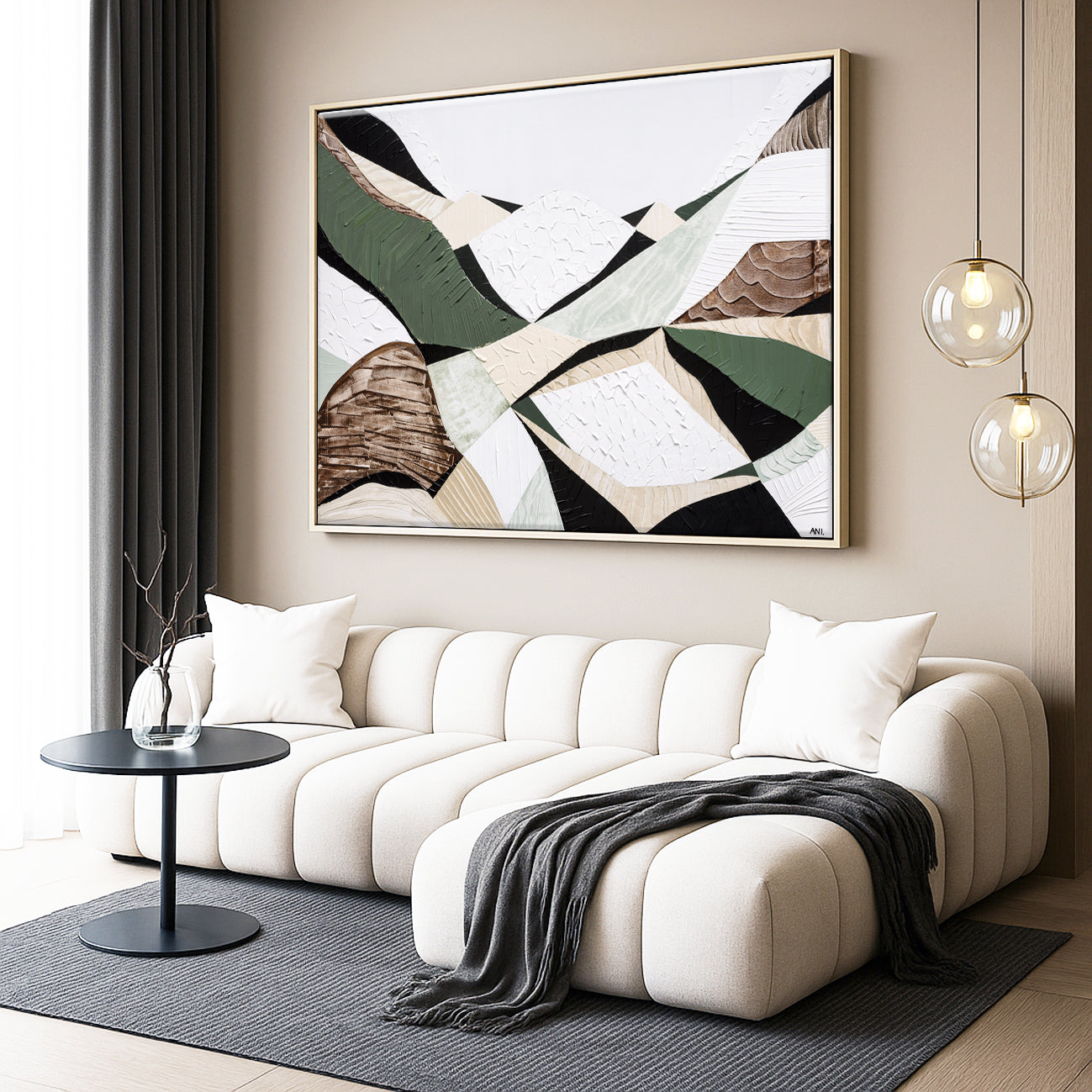 Eastern Highlands – Australian mountain landscape print by Ani Ipradjian. Abstract artwork inspired by the Great Dividing Range spanning Queensland, New South Wales, and Victoria. Featuring earthy browns, sage greens, and rich textures, this piece captures ancient bushland, diverse terrain, and spiritual beauty. Perfect wall art for collectors, interior designers, and nature lovers in Australia and worldwide.