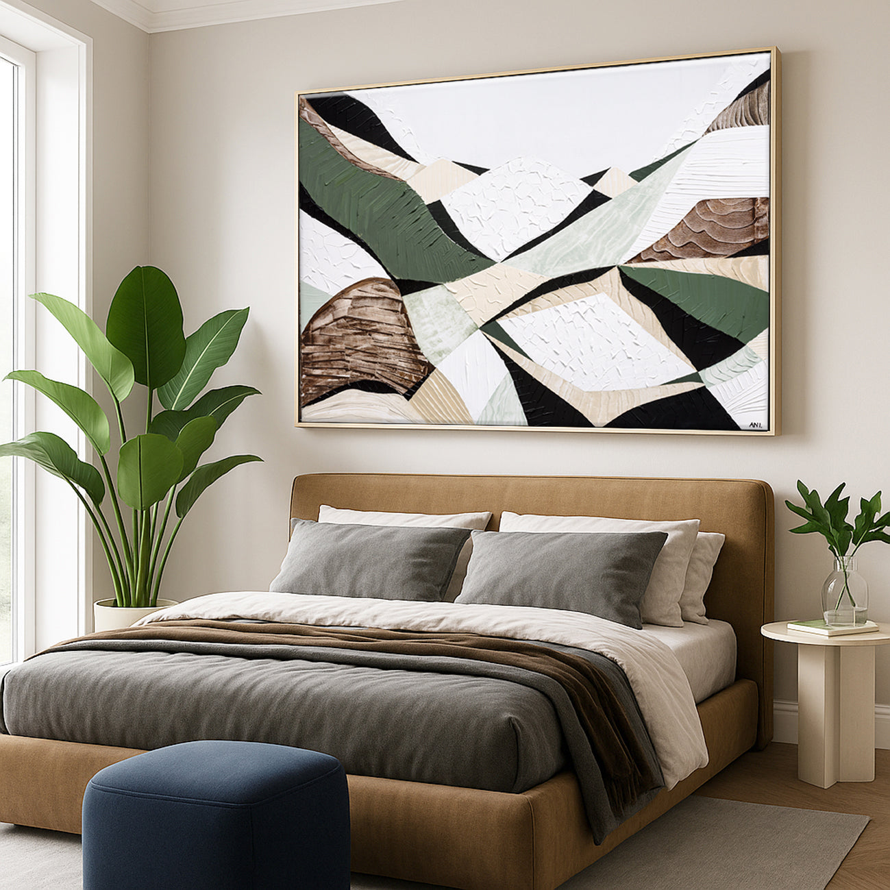 Eastern Highlands – Australian mountain landscape print by Ani Ipradjian. Abstract artwork inspired by the Great Dividing Range spanning Queensland, New South Wales, and Victoria. Featuring earthy browns, sage greens, and rich textures, this piece captures ancient bushland, diverse terrain, and spiritual beauty. Perfect wall art for collectors, interior designers, and nature lovers in Australia and worldwide.
