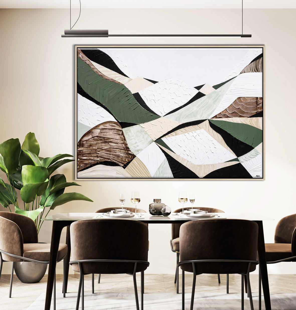 Eastern Highlands – Australian mountain landscape print by Ani Ipradjian. Abstract artwork inspired by the Great Dividing Range spanning Queensland, New South Wales, and Victoria. Featuring earthy browns, sage greens, and rich textures, this piece captures ancient bushland, diverse terrain, and spiritual beauty. Perfect wall art for collectors, interior designers, and nature lovers in Australia and worldwide.