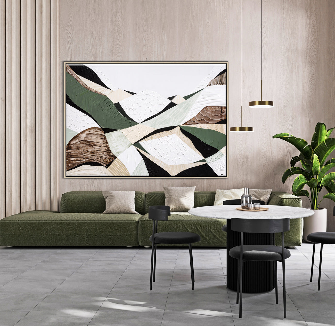 Eastern Highlands – Australian mountain landscape print by Ani Ipradjian. Abstract artwork inspired by the Great Dividing Range spanning Queensland, New South Wales, and Victoria. Featuring earthy browns, sage greens, and rich textures, this piece captures ancient bushland, diverse terrain, and spiritual beauty. Perfect wall art for collectors, interior designers, and nature lovers in Australia and worldwide.