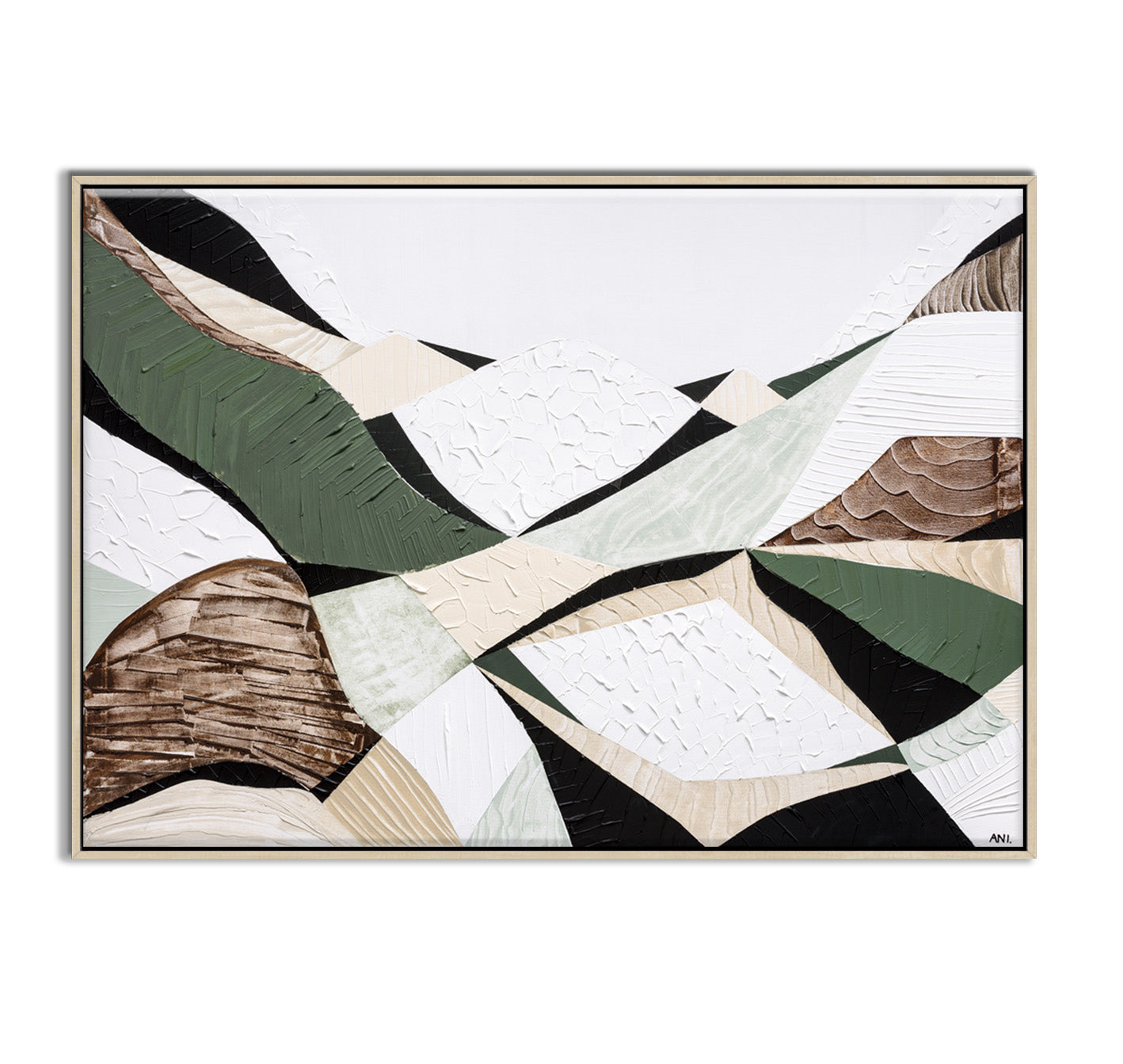 Eastern Highlands – Australian mountain landscape print by Ani Ipradjian. Abstract artwork inspired by the Great Dividing Range spanning Queensland, New South Wales, and Victoria. Featuring earthy browns, sage greens, and rich textures, this piece captures ancient bushland, diverse terrain, and spiritual beauty. Perfect wall art for collectors, interior designers, and nature lovers in Australia and worldwide.