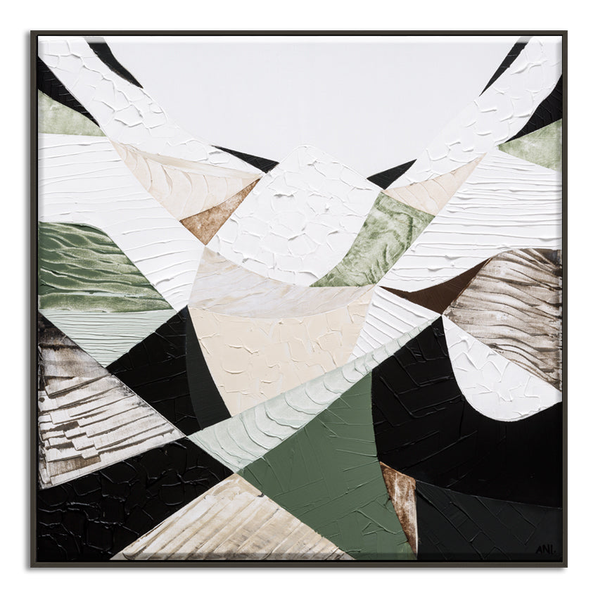 Eastern Ranges – Original Australian Mountain Landscape Painting by Melbourne artist Ani Ipradjian. Abstract interpretation of the Great Dividing Range, spanning Queensland, New South Wales, and Victoria. Featuring earthy browns, sage greens, and textured brushwork, this 80cm x 80cm canvas celebrates Australia’s native bushland, rugged terrain, and natural history. Framed in Tasmanian Oak, Black, or White. Free shipping Australia-wide with international shipping available. Ideal for art collectors, interior