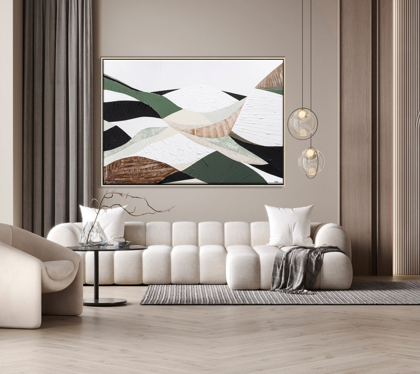 Eastern Highlands – Original abstract Australian mountain landscape painting by Ani Ipradjian, featuring earthy browns, sage greens, and textured mixed media inspired by the Great Dividing Range. Captures the beauty of Australia's Eastern Highlands across Victoria, New South Wales, and Queensland. Framed in Tasmanian Oak. Ideal for collectors, interior designers, and lovers of Australian nature art