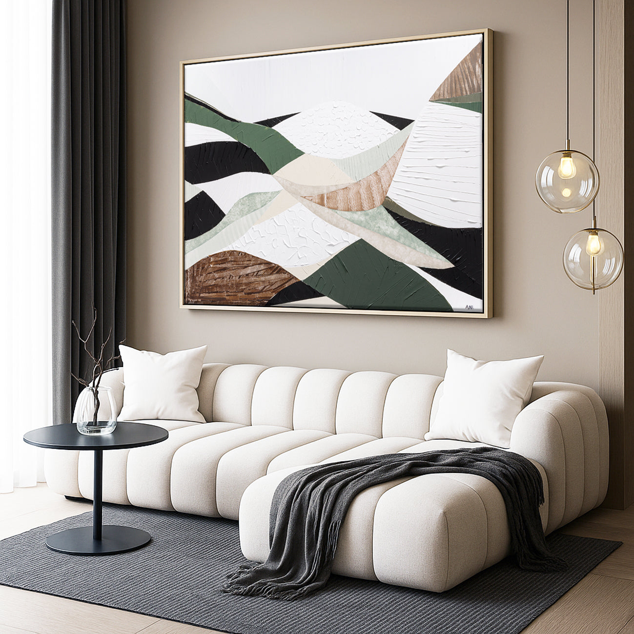 Eastern Highlands – Original abstract Australian mountain landscape painting by Ani Ipradjian, featuring earthy browns, sage greens, and textured mixed media inspired by the Great Dividing Range. Captures the beauty of Australia's Eastern Highlands across Victoria, New South Wales, and Queensland. Framed in Tasmanian Oak. Ideal for collectors, interior designers, and lovers of Australian nature art