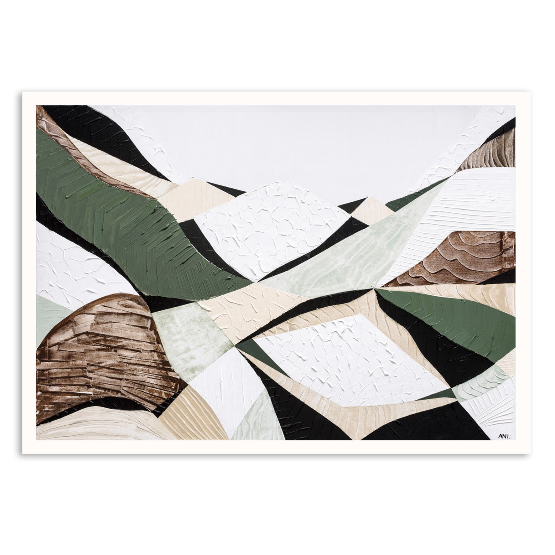 Eastern Highlands – Australian mountain landscape print by Ani Ipradjian. Abstract artwork inspired by the Great Dividing Range spanning Queensland, New South Wales, and Victoria. Featuring earthy browns, sage greens, and rich textures, this piece captures ancient bushland, diverse terrain, and spiritual beauty. Perfect wall art for collectors, interior designers, and nature lovers in Australia and worldwide.