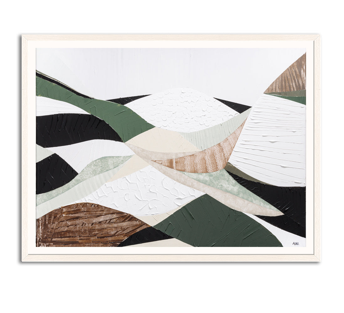 Eastern Highlands print by Melbourne artist Ani Ipradjian. Abstract Australian mountain landscape inspired by the Great Dividing Range, featuring earthy browns, sage greens, and textured details. Perfect wall art for collectors, interior designers, and nature lovers worldwide. Free shipping Australia-wide with international delivery available.