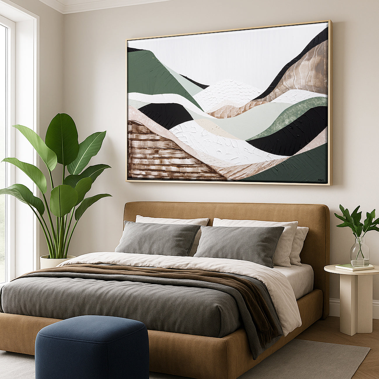Eastern Highlands – Original abstract Australian mountain landscape painting by Ani Ipradjian, featuring earthy browns, sage greens, and textured mixed media inspired by the Great Dividing Range. Captures the beauty of Australia's Eastern Highlands across Victoria, New South Wales, and Queensland. Framed in Tasmanian Oak. Ideal for collectors, interior designers, and lovers of Australian nature art