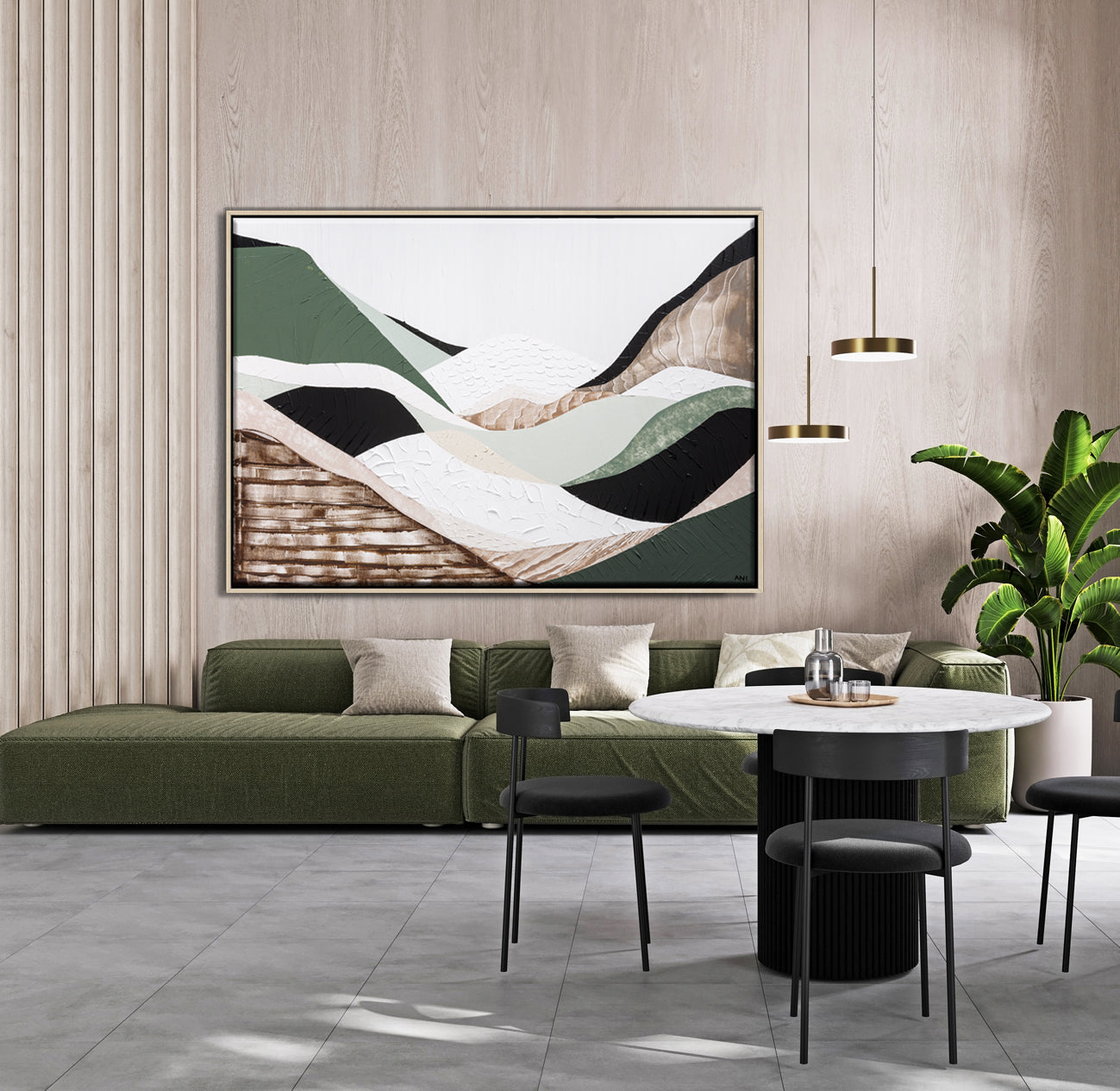 Eastern Highlands – Original abstract Australian mountain landscape painting by Ani Ipradjian, featuring earthy browns, sage greens, and textured mixed media inspired by the Great Dividing Range. Captures the beauty of Australia's Eastern Highlands across Victoria, New South Wales, and Queensland. Framed in Tasmanian Oak. Ideal for collectors, interior designers, and lovers of Australian nature art