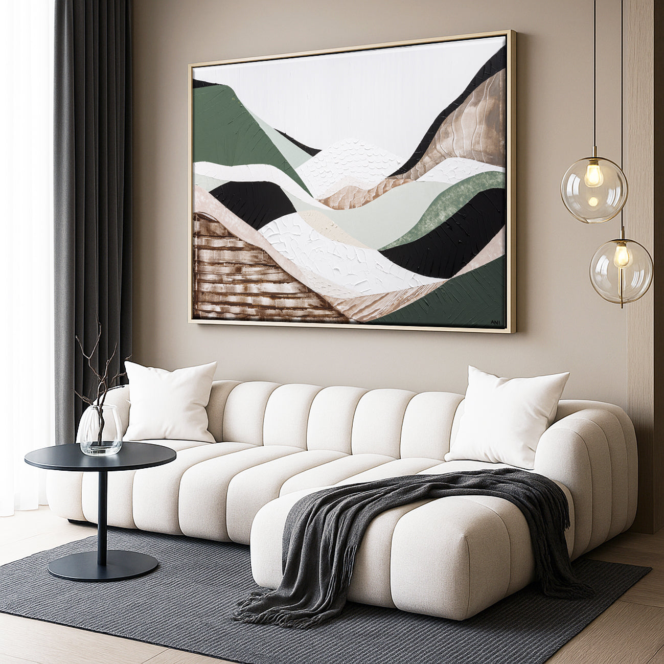 Eastern Highlands – Original abstract Australian mountain landscape painting by Ani Ipradjian, featuring earthy browns, sage greens, and textured mixed media inspired by the Great Dividing Range. Captures the beauty of Australia's Eastern Highlands across Victoria, New South Wales, and Queensland. Framed in Tasmanian Oak. Ideal for collectors, interior designers, and lovers of Australian nature art