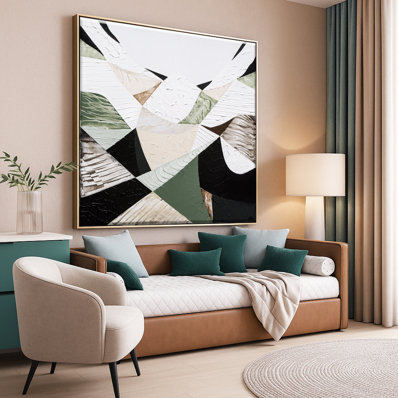 Eastern Ranges – Original Australian Mountain Landscape Painting by Melbourne artist Ani Ipradjian. Abstract interpretation of the Great Dividing Range, spanning Queensland, New South Wales, and Victoria. Featuring earthy browns, sage greens, and textured brushwork, this 80cm x 80cm canvas celebrates Australia’s native bushland, rugged terrain, and natural history. Framed in Tasmanian Oak, Black, or White. Free shipping Australia-wide with international shipping available. Ideal for art collectors, interior