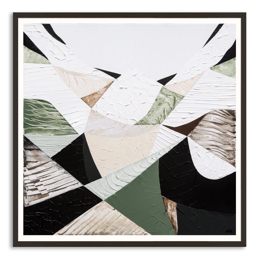 Eastern Ranges – Original Australian Mountain Landscape Print by Melbourne artist Ani Ipradjian. Abstract interpretation of the Great Dividing Range, spanning Queensland, New South Wales, and Victoria. Featuring earthy browns, sage greens, and textured brushwork, this 80cm x 80cm canvas celebrates Australia’s native bushland, rugged terrain, and natural history. Framed in Tasmanian Oak, Black, or White. Free shipping Australia-wide with international shipping available. Ideal for art collectors, interior