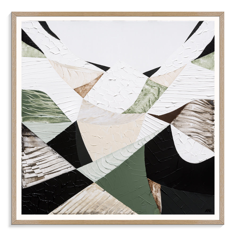 Eastern Ranges – Original Australian Mountain Landscape Print by Melbourne artist Ani Ipradjian. Abstract interpretation of the Great Dividing Range, spanning Queensland, New South Wales, and Victoria. Featuring earthy browns, sage greens, and textured brushwork, this 80cm x 80cm canvas celebrates Australia’s native bushland, rugged terrain, and natural history. Framed in Tasmanian Oak, Black, or White. Free shipping Australia-wide with international shipping available. Ideal for art collectors, interior