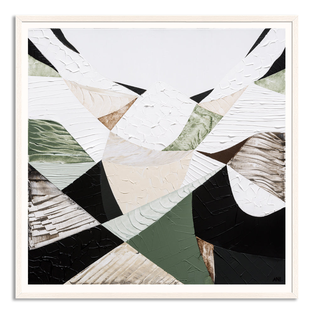 Eastern Ranges – Original Australian Mountain Landscape Print by Melbourne artist Ani Ipradjian. Abstract interpretation of the Great Dividing Range, spanning Queensland, New South Wales, and Victoria. Featuring earthy browns, sage greens, and textured brushwork, this 80cm x 80cm canvas celebrates Australia’s native bushland, rugged terrain, and natural history. Framed in Tasmanian Oak, Black, or White. Free shipping Australia-wide with international shipping available. Ideal for art collectors, interior