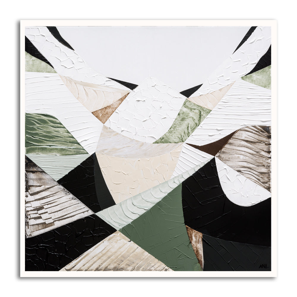 Eastern Ranges – Original Australian Mountain Landscape Print by Melbourne artist Ani Ipradjian. Abstract interpretation of the Great Dividing Range, spanning Queensland, New South Wales, and Victoria. Featuring earthy browns, sage greens, and textured brushwork, this 80cm x 80cm canvas celebrates Australia’s native bushland, rugged terrain, and natural history. Framed in Tasmanian Oak, Black, or White. Free shipping Australia-wide with international shipping available. Ideal for art collectors, interior