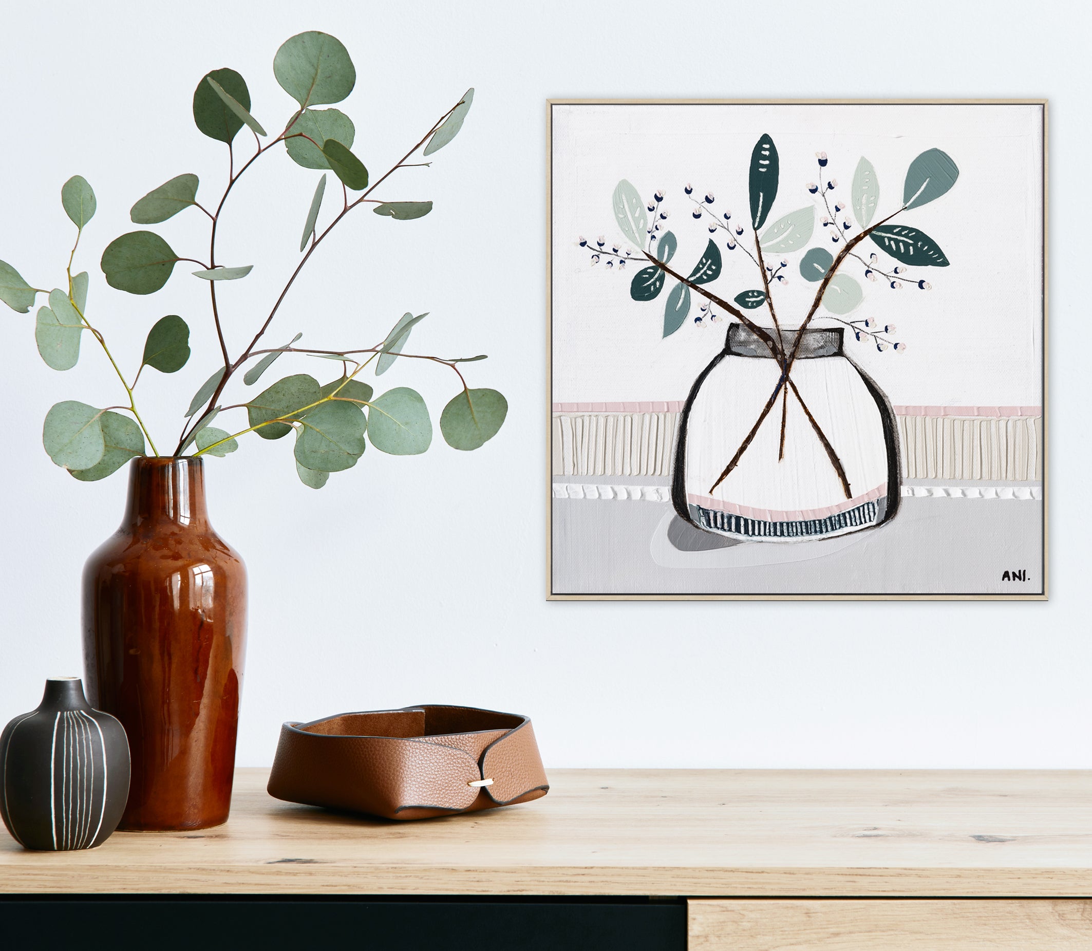 "Eucalyptus Love art print by Ani Ipradjian. Australian native eucalyptus-inspired artwork with textured brushstrokes. Ideal for interior styling, collectors, and international art buyers."
