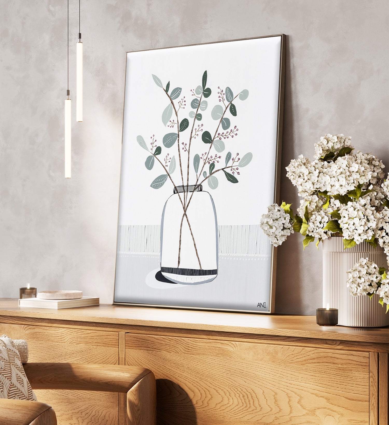 "Eye of Eucalyptus" – Original abstract floral painting by Australian artist Ani Ipradjian, blending Eucalyptus gunnii and cotoneaster berries with symbolic ‘evil eye’ protection in a textured, nature-inspired design.