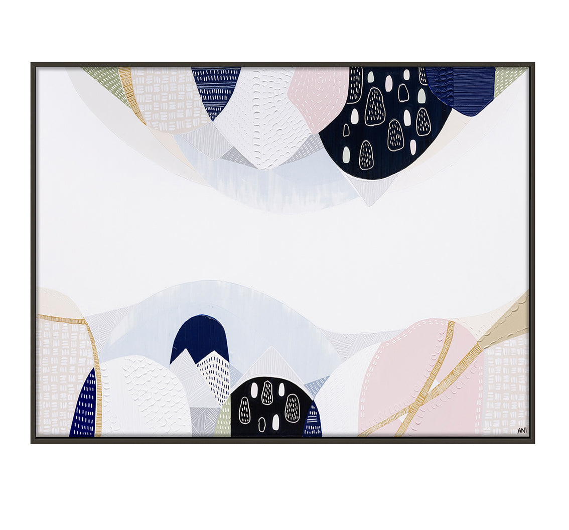 Abstract cityscape print inspired by Melbourne's urban structure, featuring layered textures, natural tones, and references to historic bluestone architecture from the 1850s. Captures the balance of nature and city life in modern Australian design.