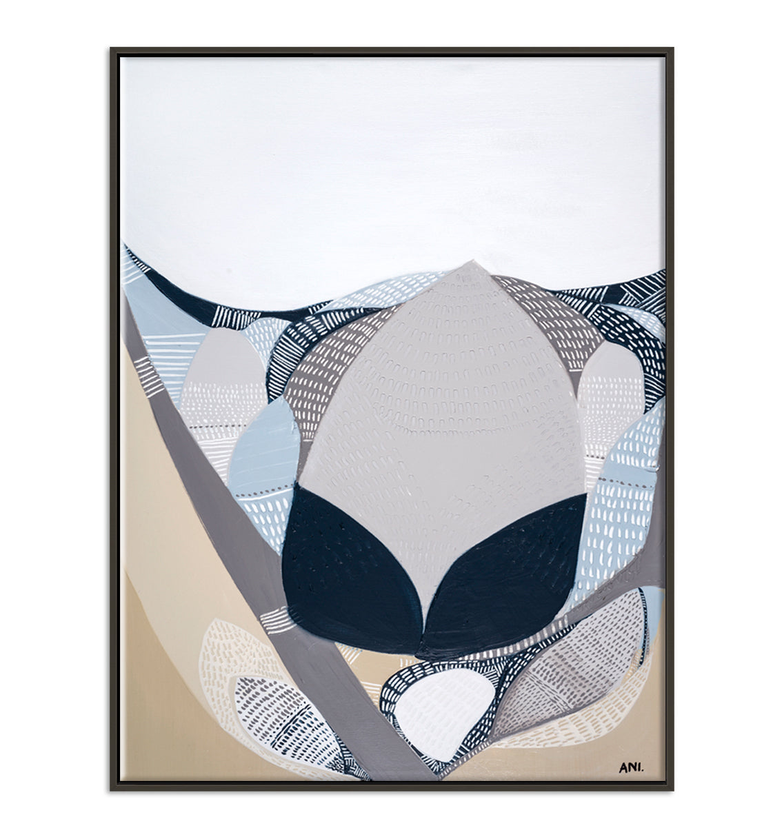 Protea in the Night – abstract floral art print by Ani Ipradjian featuring a blooming Protea flower, symbolising strength, transformation, and beauty in dark moody tones. Perfect for global art collectors and botanical art lovers.