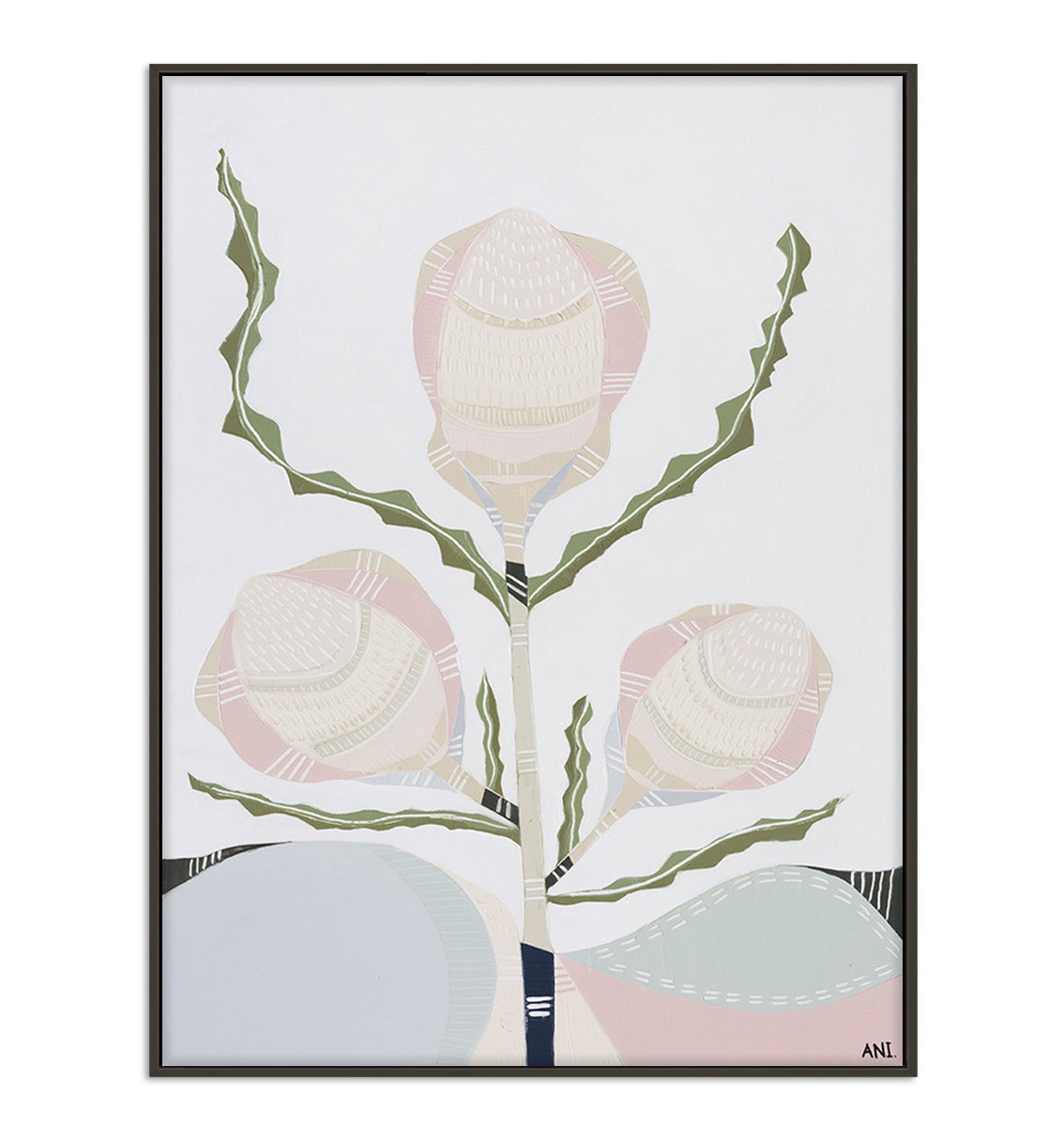 Banksia floral print by Ani Ipradjian – abstract depiction of native Australian Banksia flower with textured layers and earthy tones, inspired by coastal flora near the Mornington Peninsula.