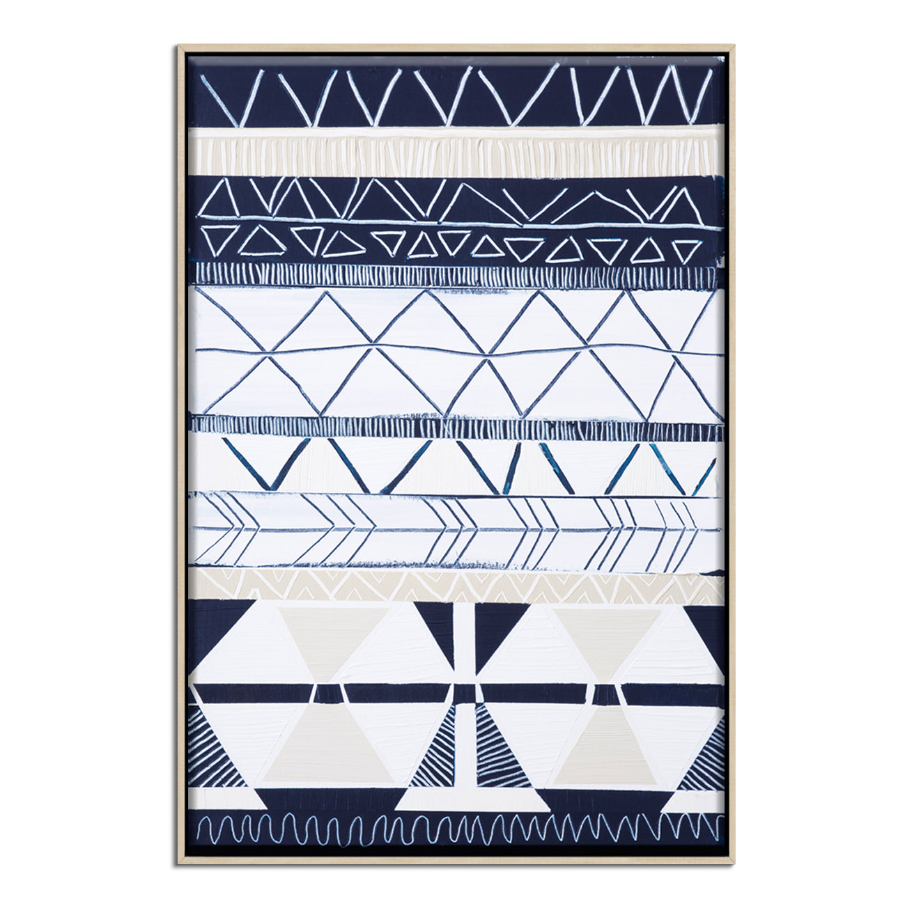 Abstract coastal print titled Bondi Waves 2 by Australian artist Ani Ipradjian. Features flowing ocean waves in soft blues and whites overlaid with tribal patterns inspired by Armenian heritage, reflecting the energy of Bondi Beach. Ideal for coastal and contemporary interiors.