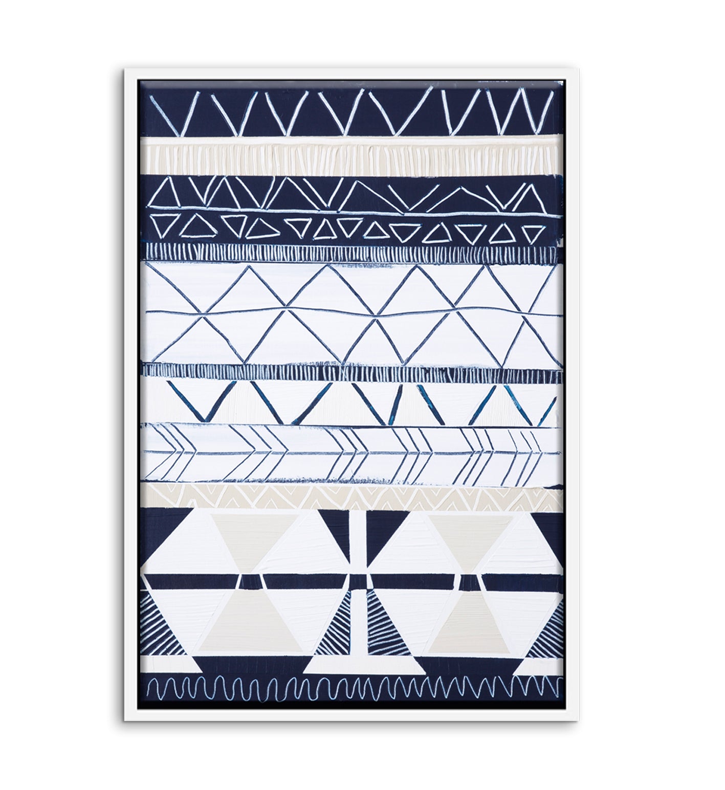 Abstract coastal print titled Bondi Waves 2 by Australian artist Ani Ipradjian. Features flowing ocean waves in soft blues and whites overlaid with tribal patterns inspired by Armenian heritage, reflecting the energy of Bondi Beach. Ideal for coastal and contemporary interiors.